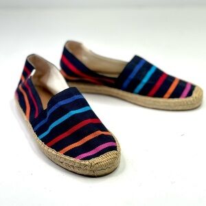 Soludos The Dali rainbow striped espadrilles navy background recycled cotton 9